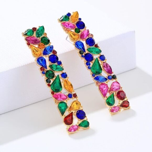 Yellow Gold with Multicolored Crystal Geometric Rectangle Post Back Earrings - Picture 2 of 6